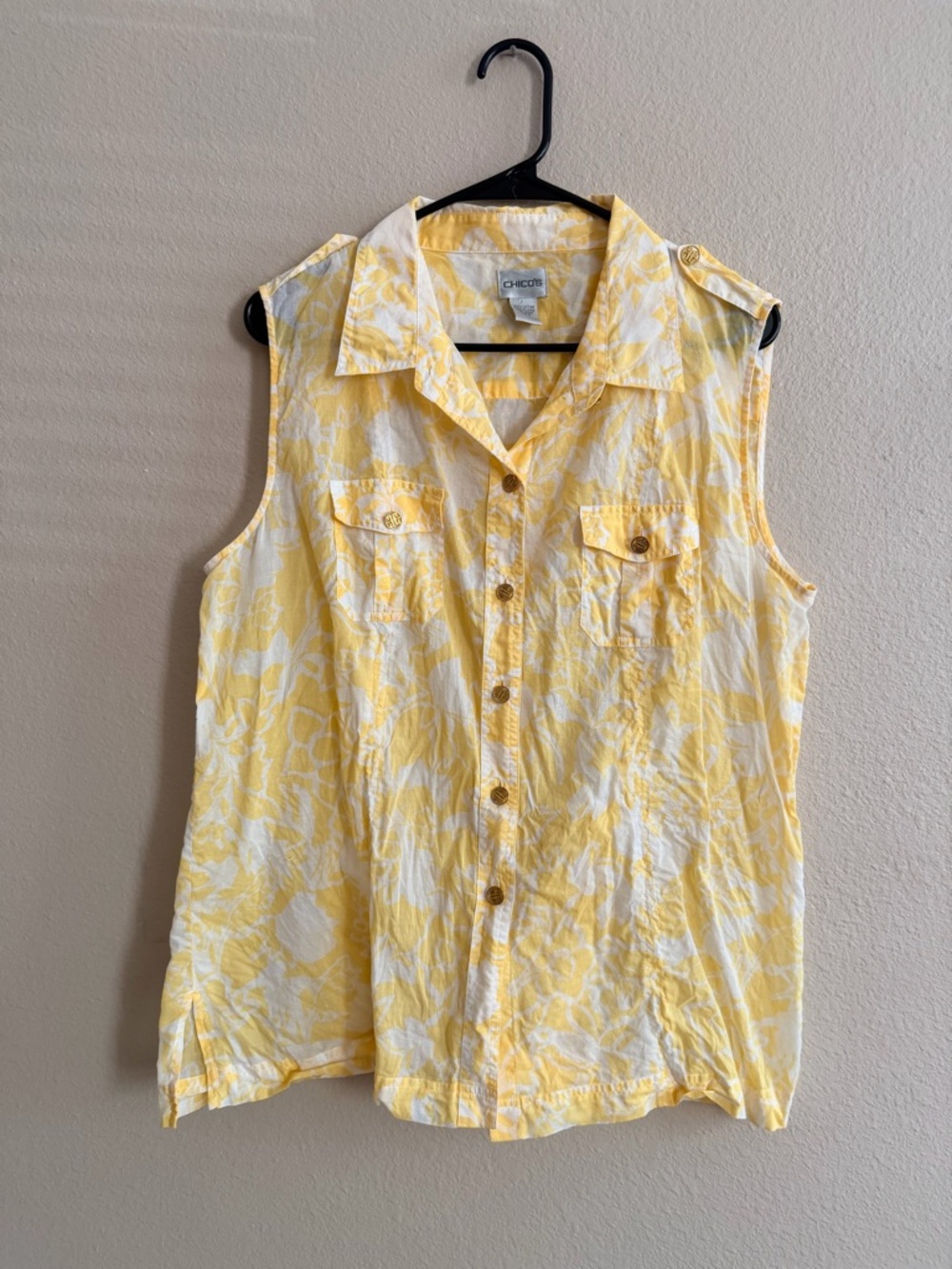 Chicos Yellow Floral Button Down Sleeveless Top Size 3